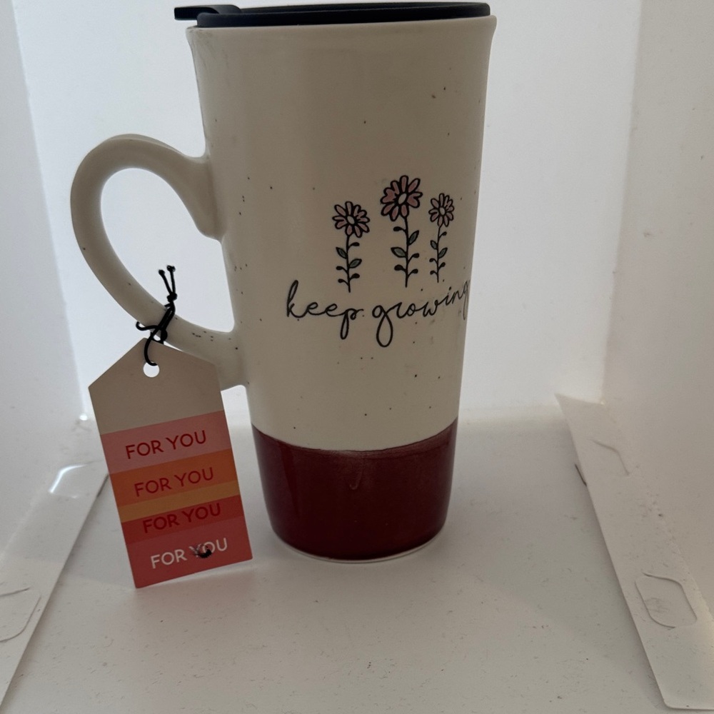 Keep Growing Ceramic Travel Mug with Lid - Cream and Burgundy